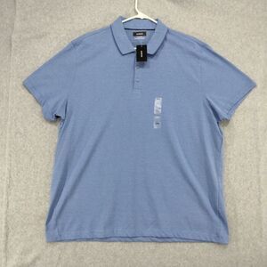 Alfani NEW! Polo Shirt Mens XXL Blue Short Sleeve Regular Fit Striped Gold Work